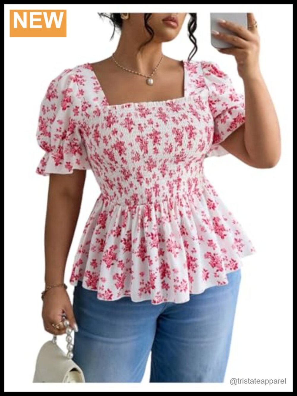 Plus Size Floral Smocked Peplum Blouse Boho Square Neck Ruffle Hem
